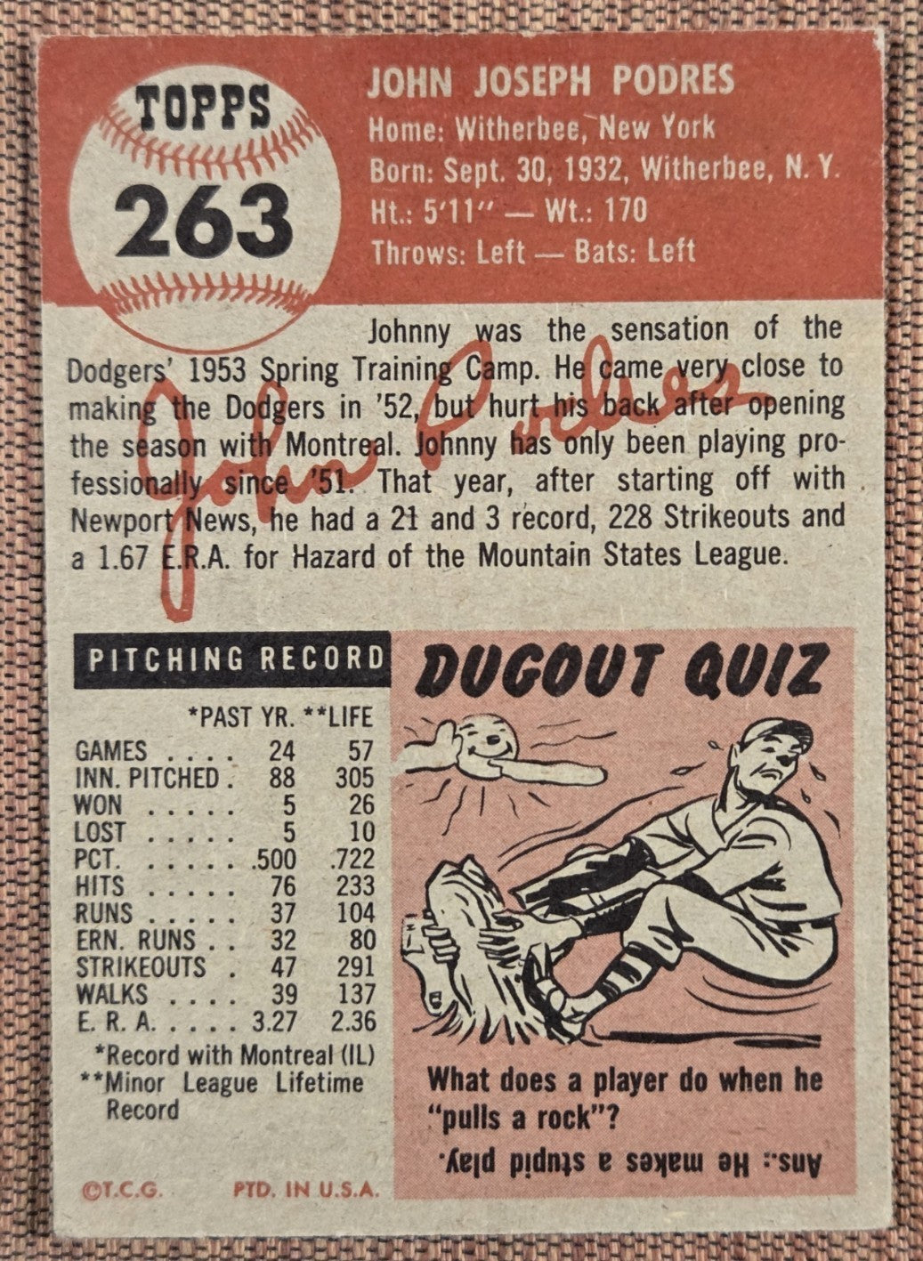 1953 Topps #263 Johnny Podres Brooklyn Dodgers Rookie Original Baseball Card RC5
