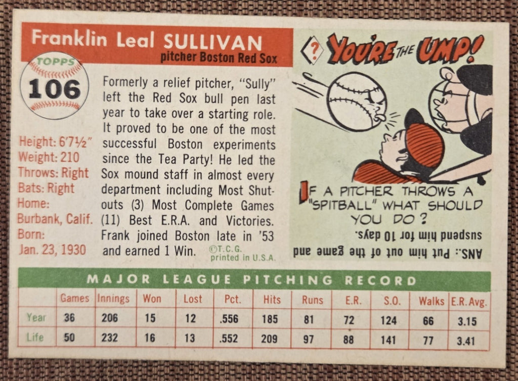 1955 Topps #106 Frank Sullivan Boston Red Sox Original Rookie Baseball Card RC6