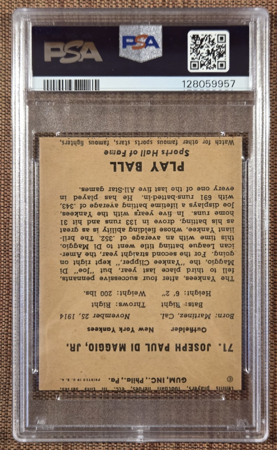1941 Play Ball Joe Dimaggio Wrong Back #50 Johnny Cooney Baseball Card PSA Error1