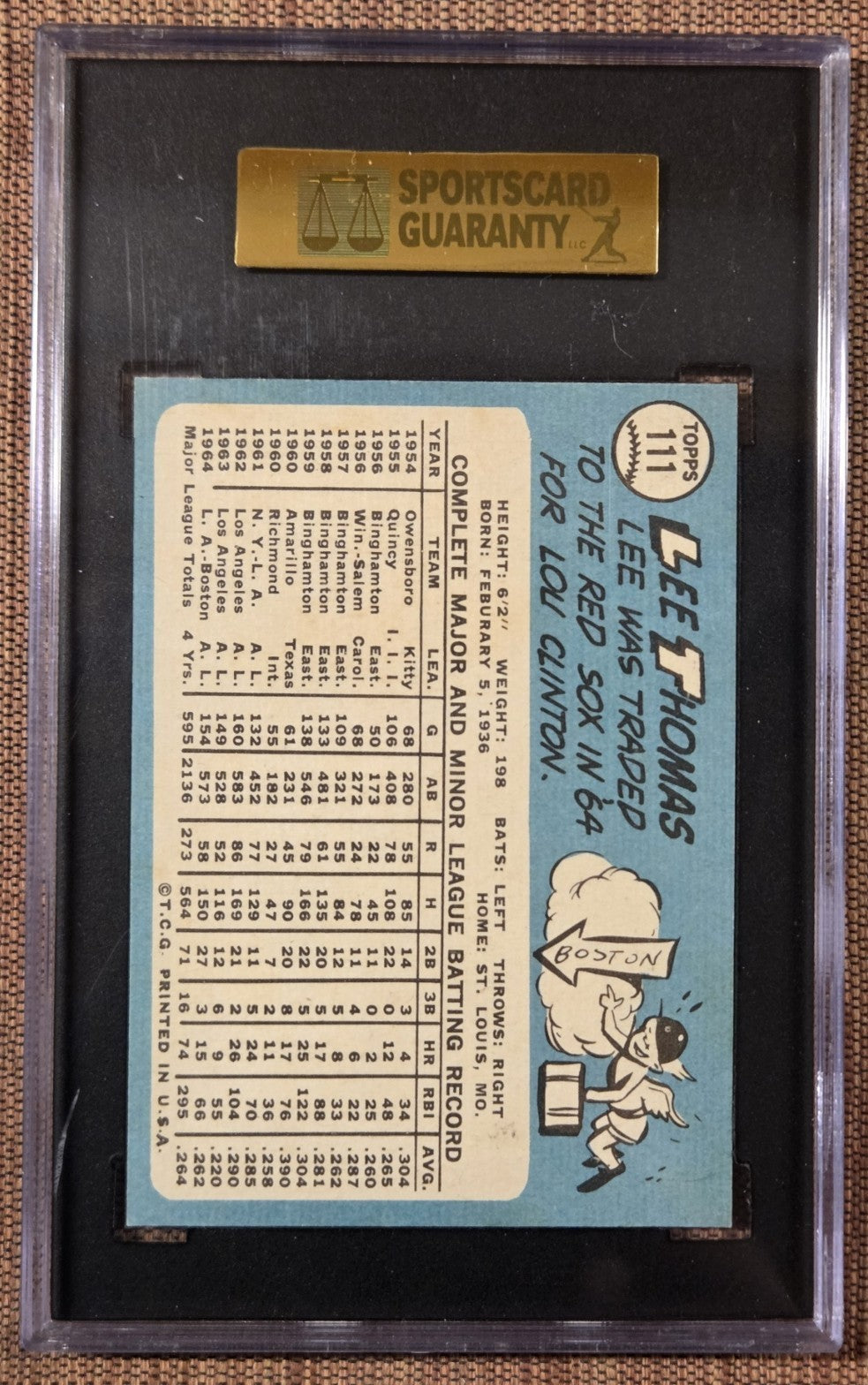 1965 Topps #111 Lee Thomas Boston Red Sox Original Baseball Card SGC 9 Mint1