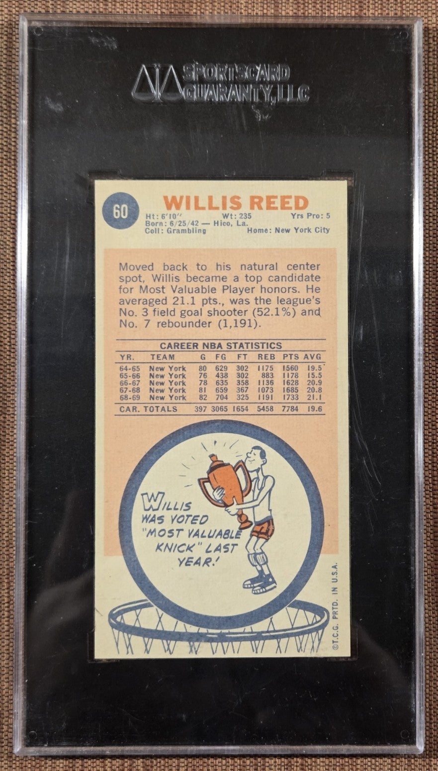 1969 Topps #60 Willis Reed New York Knicks Rookie Basketball Card SGC 8 NM/MT RC1