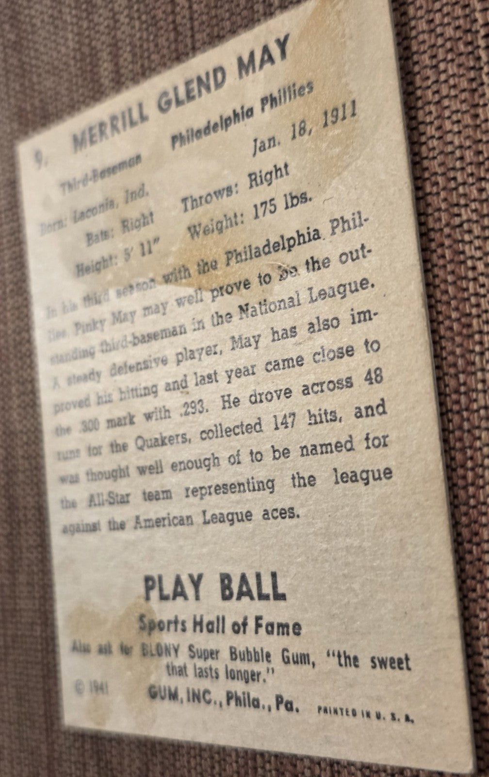 1941 Play Ball #9 Pinky May Philadelphia Phillies Vintage Original Baseball Card6