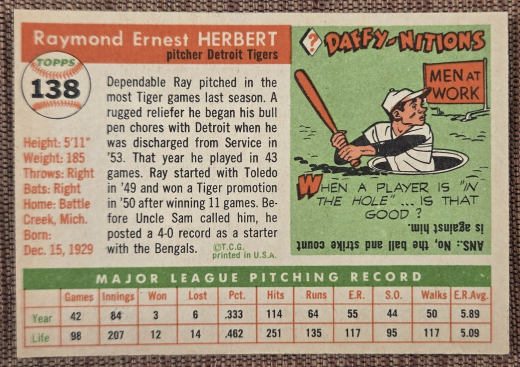1955 Topps #138 Ray Herbert Detroit Tigers Authentic Original Baseball Card5
