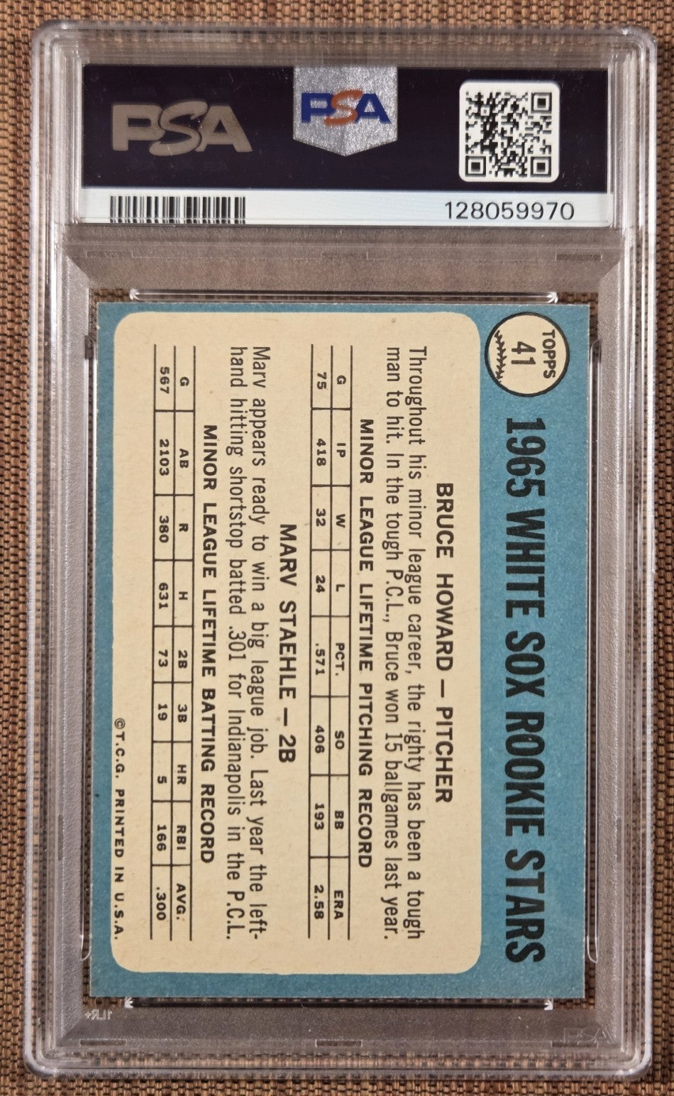 1965 Topps #41 Bruce Howard Mav Staehle White Sox Rookie Baseball Card PSA 8 RC1