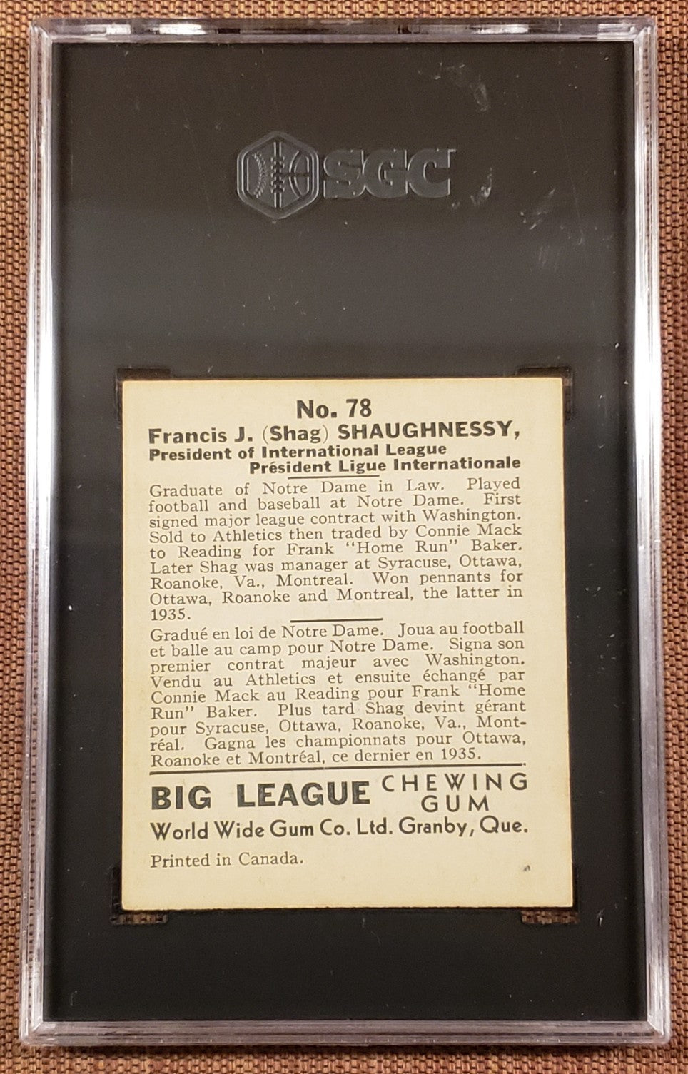 1936 World Wide Gum #78 Shag Shaughnessy Senators Athletics Baseball Card SGC 41