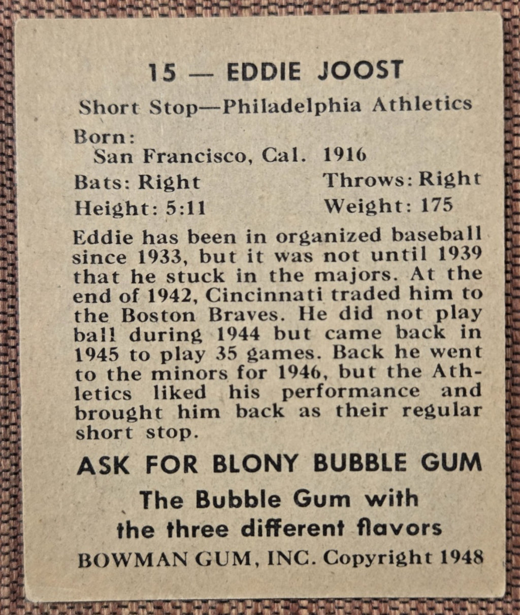 1948 Bowman #15 Eddie Joost Philadelphia Athletics Vintage Orignal Baseball Card5