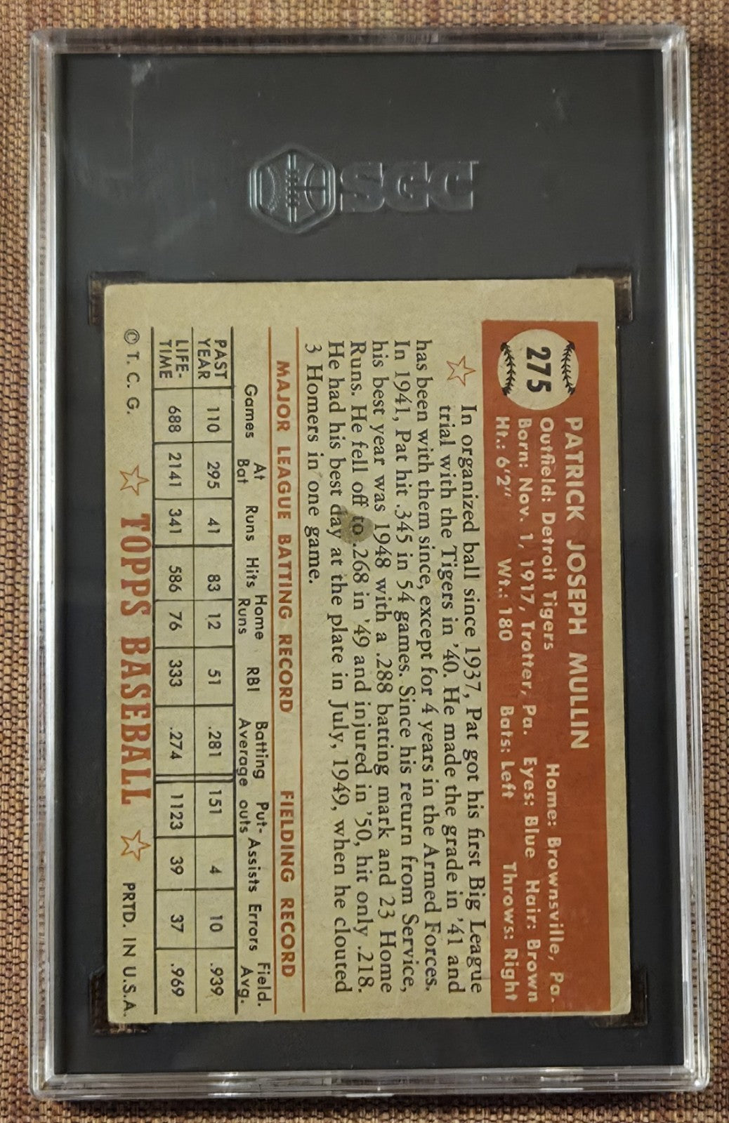 1952 Topps #275 Pat Mullin Detroit Tigers Authentic Original Baseball Card SGC 41