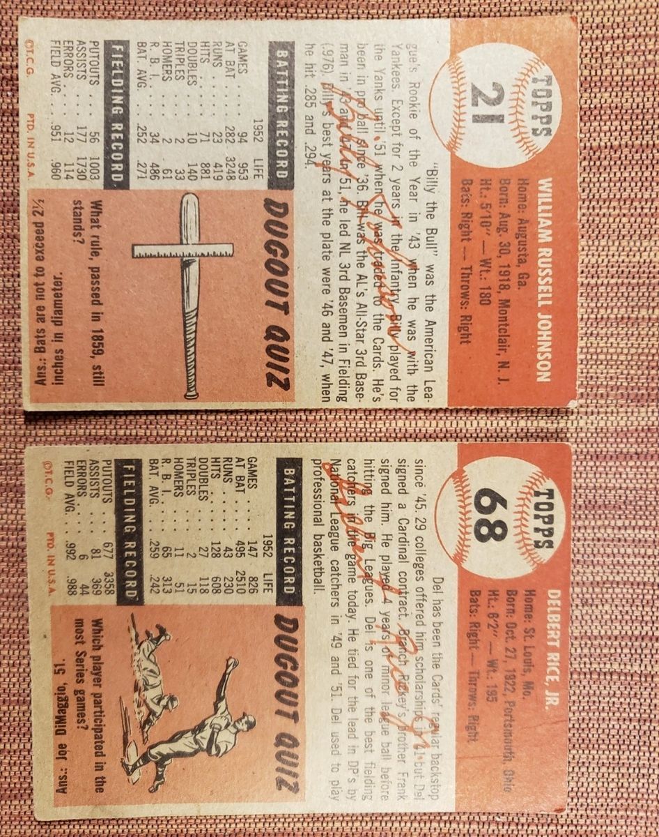 1953 Topps #21 Billy Johnson #68 Del Rice St. Louis Cardinals Baseball Cards1
