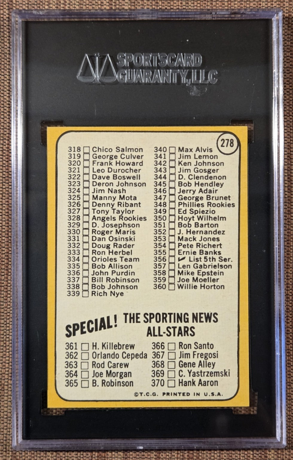 1968 Topps #278 Orlanda Cepeda Cardinals Checklist Baseball Card SGC 9 Mint1