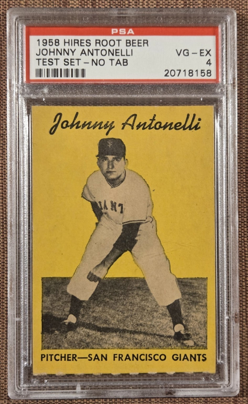1958 Hires Root Beer Test No Tab Jonny Antonelli SF Giants Baseball Card PSA 40