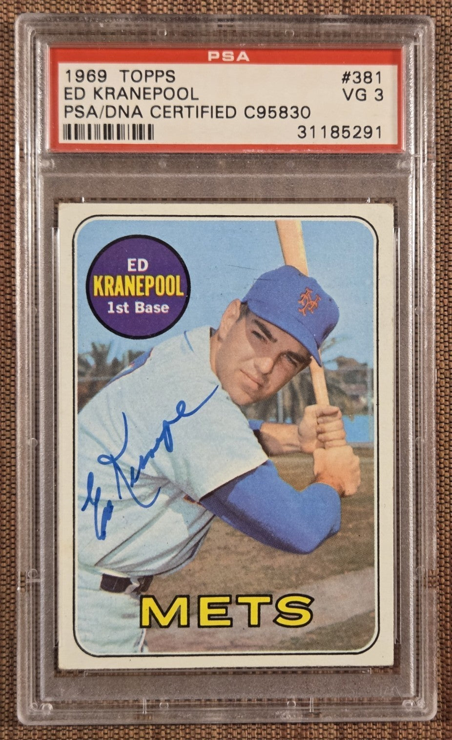 1969 Topps #381 Ed Kranepool New York Mets Baseball Card PSA 3 / DNA Auto0