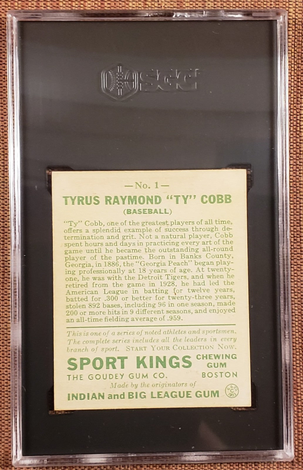 1933 Sport Kings Gum #1 Ty Cobb Detroit Tigers Baseball Card SGC 8 NM/MT POP 11