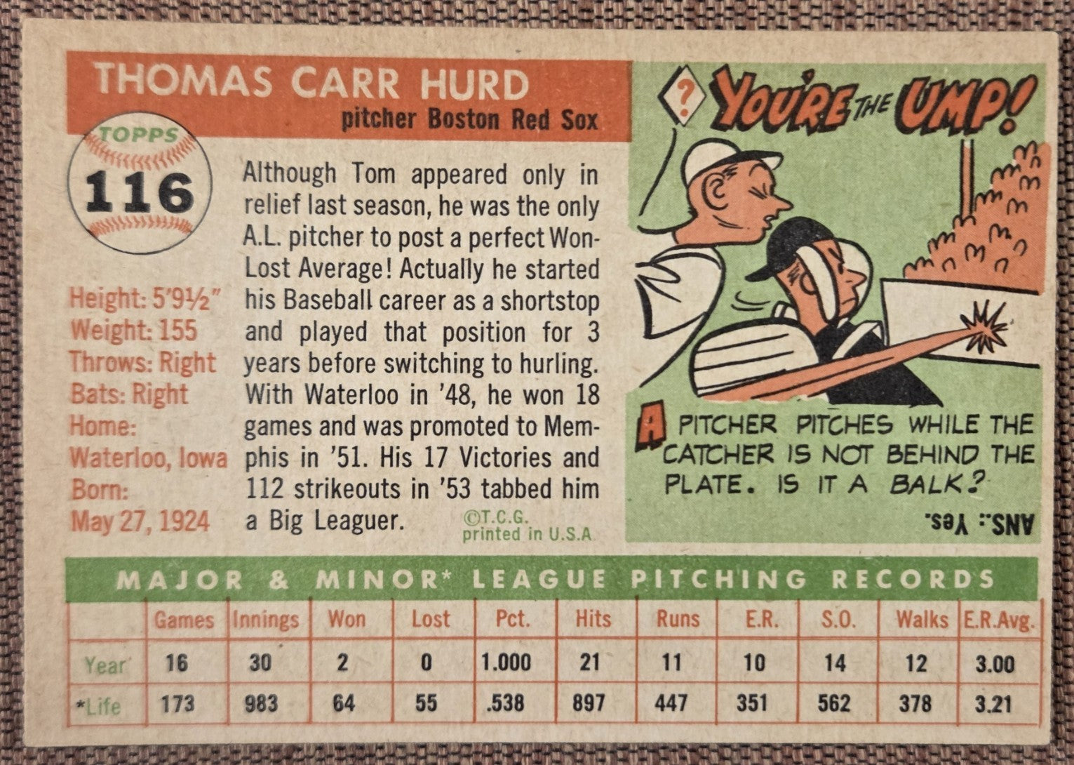 1955 Topps #116 Tom Hurd Boston Red Sox Vintage Original Rookie Baseball Card RC5