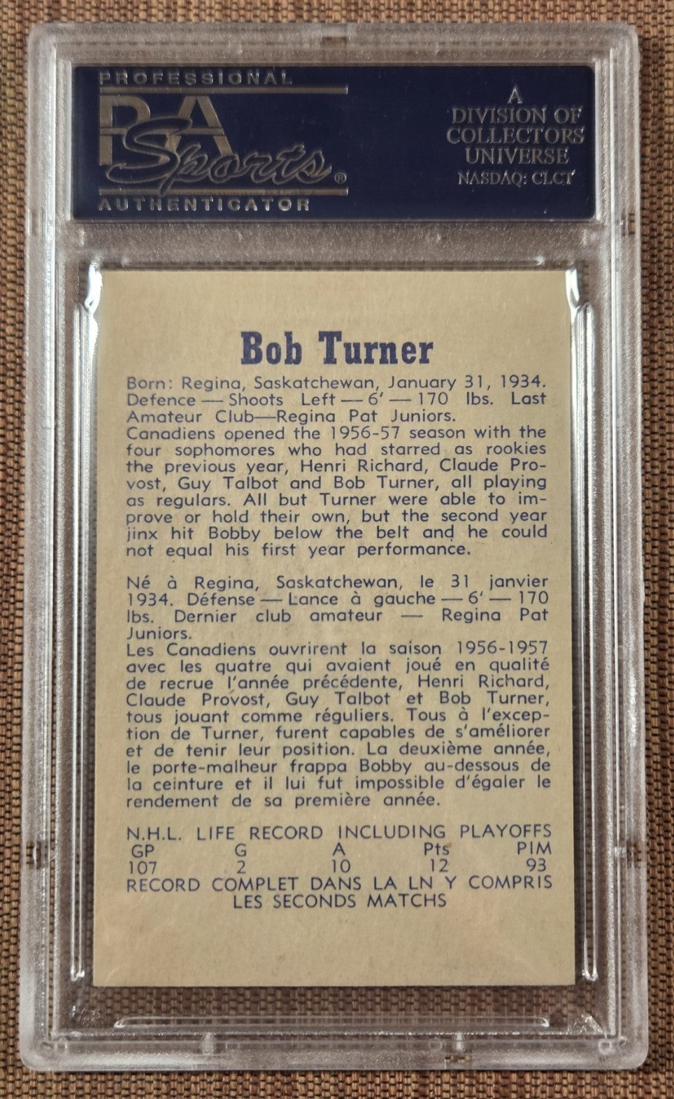 1957 Parkhurst #13 Bob Turner Montreal Canadiens Hockey Card PSA 10 Gem Mint1
