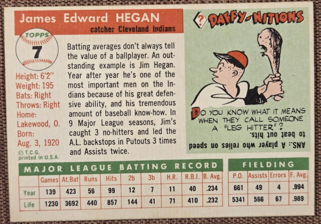 1955 Topps #7 Jim Hegan Cleveland Indians Authentic Original Baseball Card5