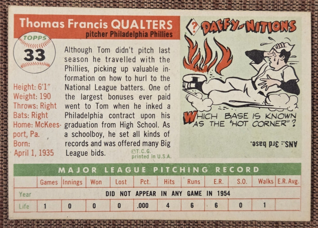 1955 Topps #33 Tom Qualters Philadelphia Phillies Vintage Original Baseball Card5