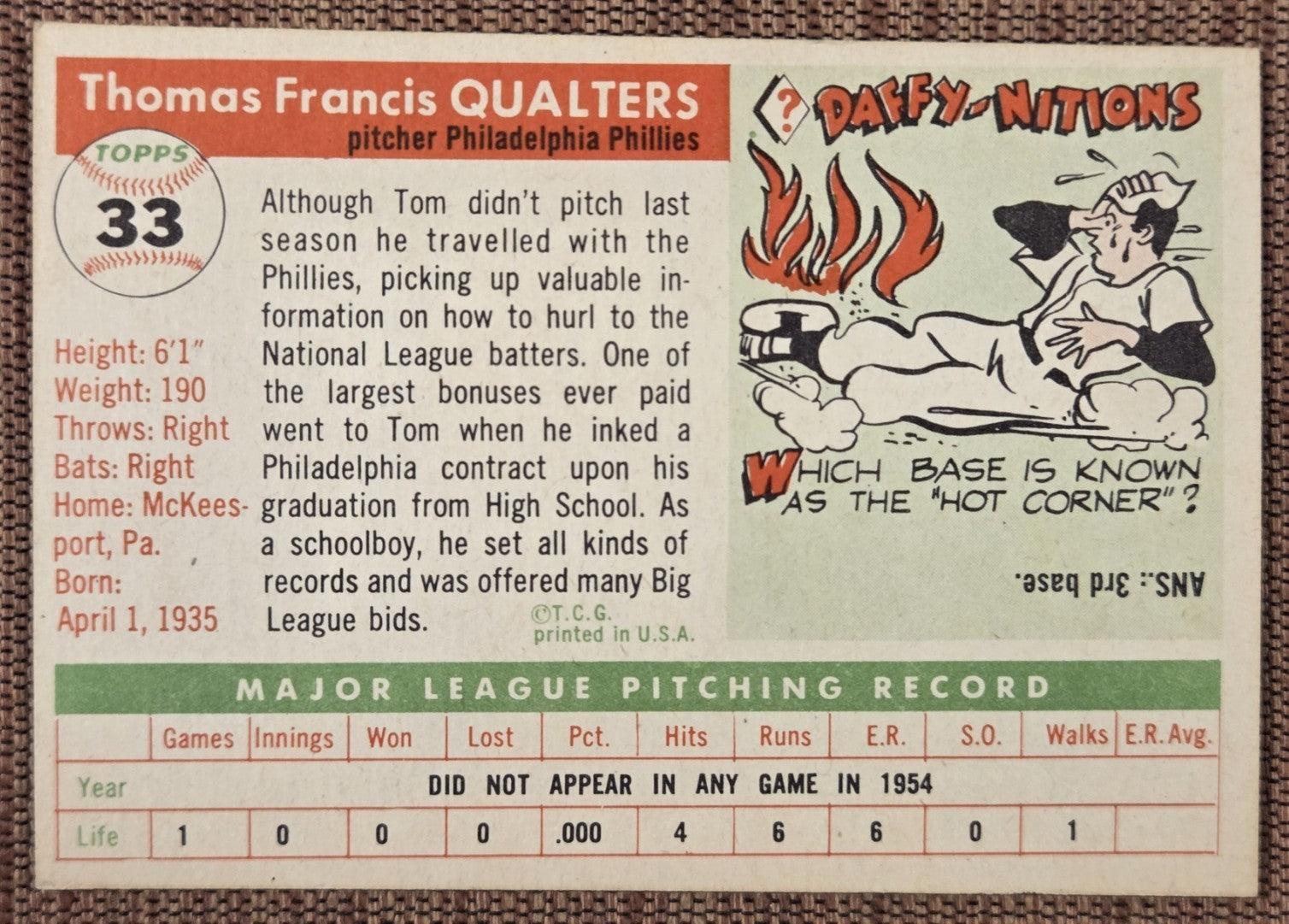 1955 Topps #33 Tom Qualters Philadelphia Phillies Vintage Original Baseball Card5
