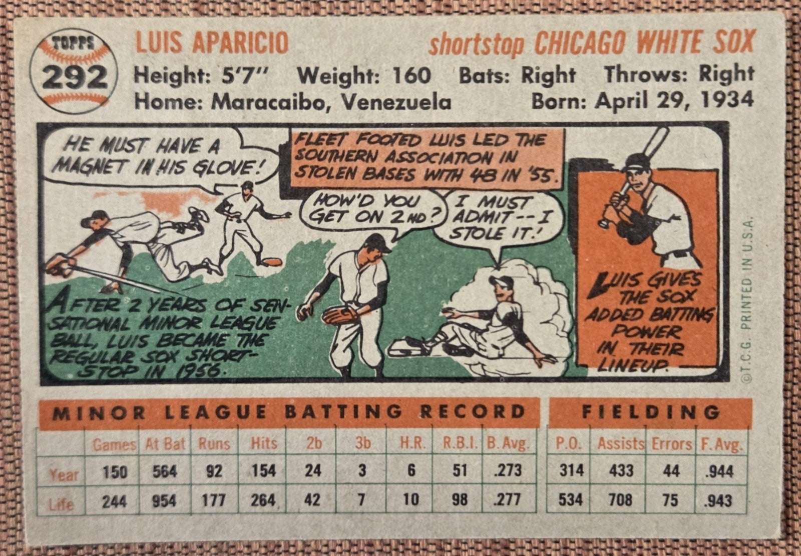 1956 Topps #292 Luis Aparicio Chicago White Sox Original Rookie Baseball Card RC5