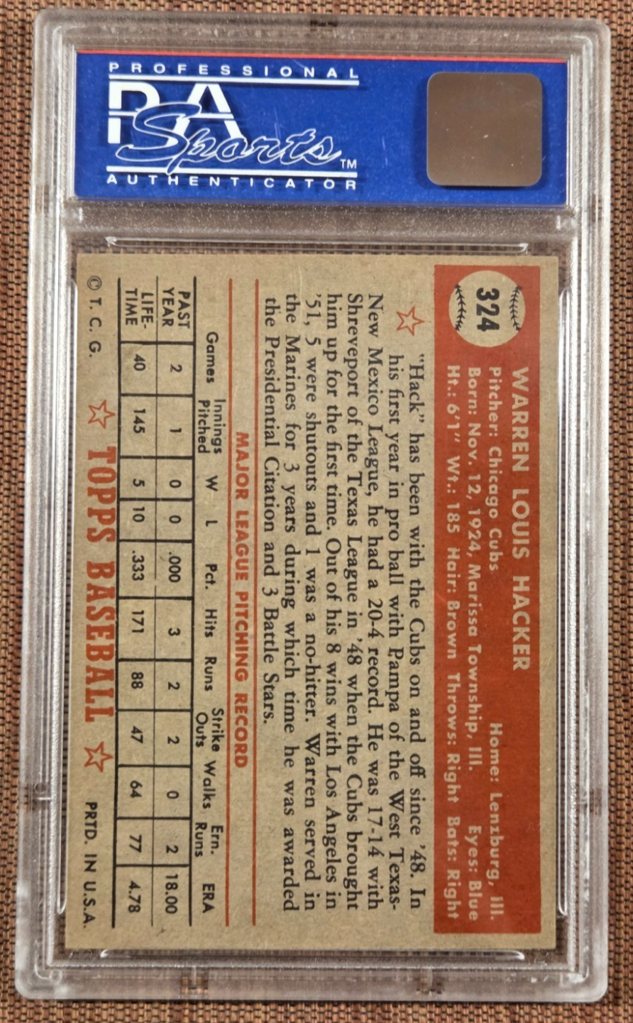 1952 Topps #324 Warren Hacker Chicago Cubs Vintage Original Baseball Card PSA 71