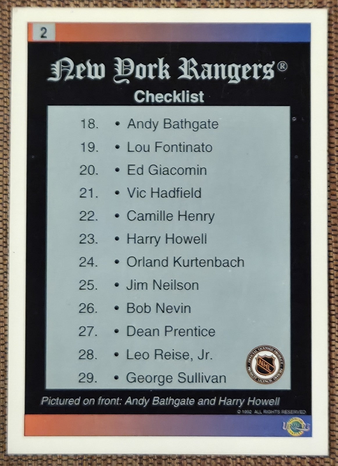 1991 Ultimate #2 Andy Bathgate Harry Howell Rangers Hockey Card JSA AUTO HOF5