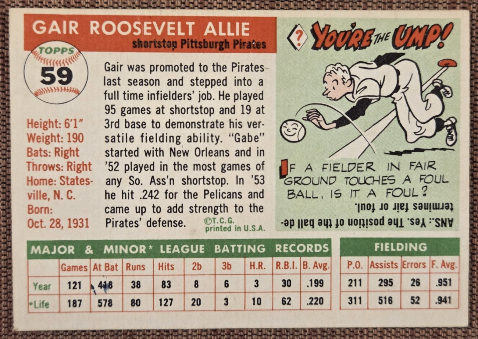 1955 Topps #59 Gair Allie Pittsburgh Pirates Authentic Original Baseball Card5