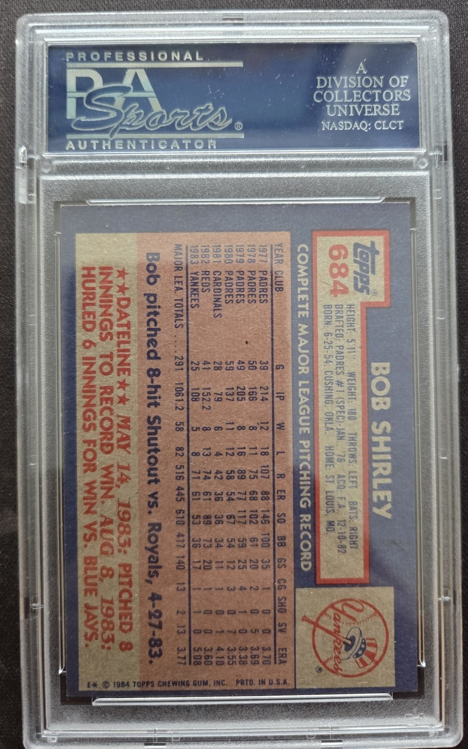 1984 Topps #684 Bob Shirley New York Yankees Baseball Card PSA 7 / DNA AUTO1
