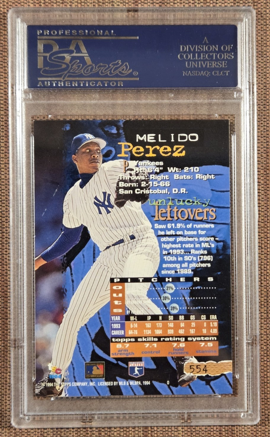 1994 Stadium Club #554 Melido Perez NY Yankees Baseball Card PSA 8.5 / DNA AUTO1