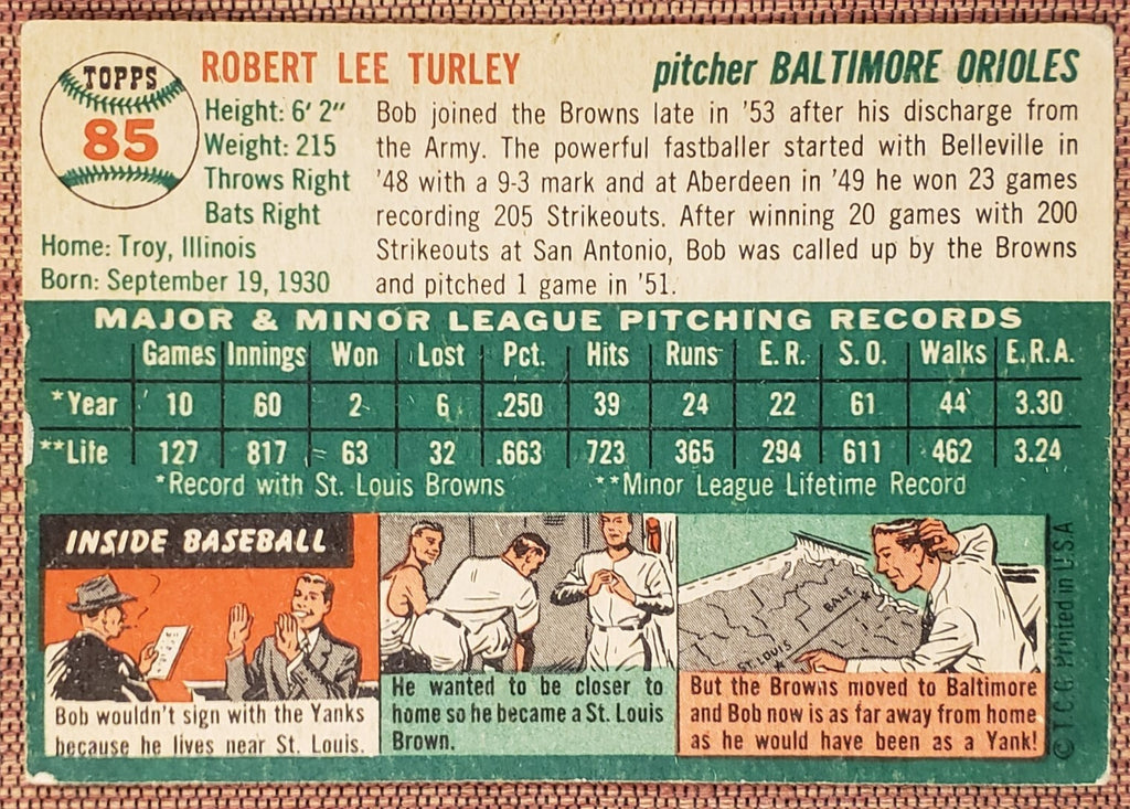1954 Topps #85 Bob Turley Baltimore Orioles Authentic Rookie Baseball Card5