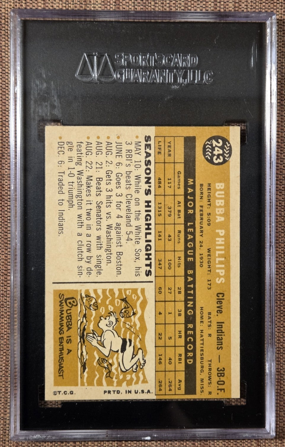 1960 Topps #243 Bubba Phillips Cleveland Indians Vintag Baseball Card SGC 9 Mint1