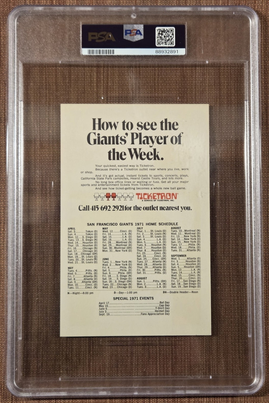 1971 Ticketron Willie Mays San Francisco Giants Original Baseball Card PSA 41