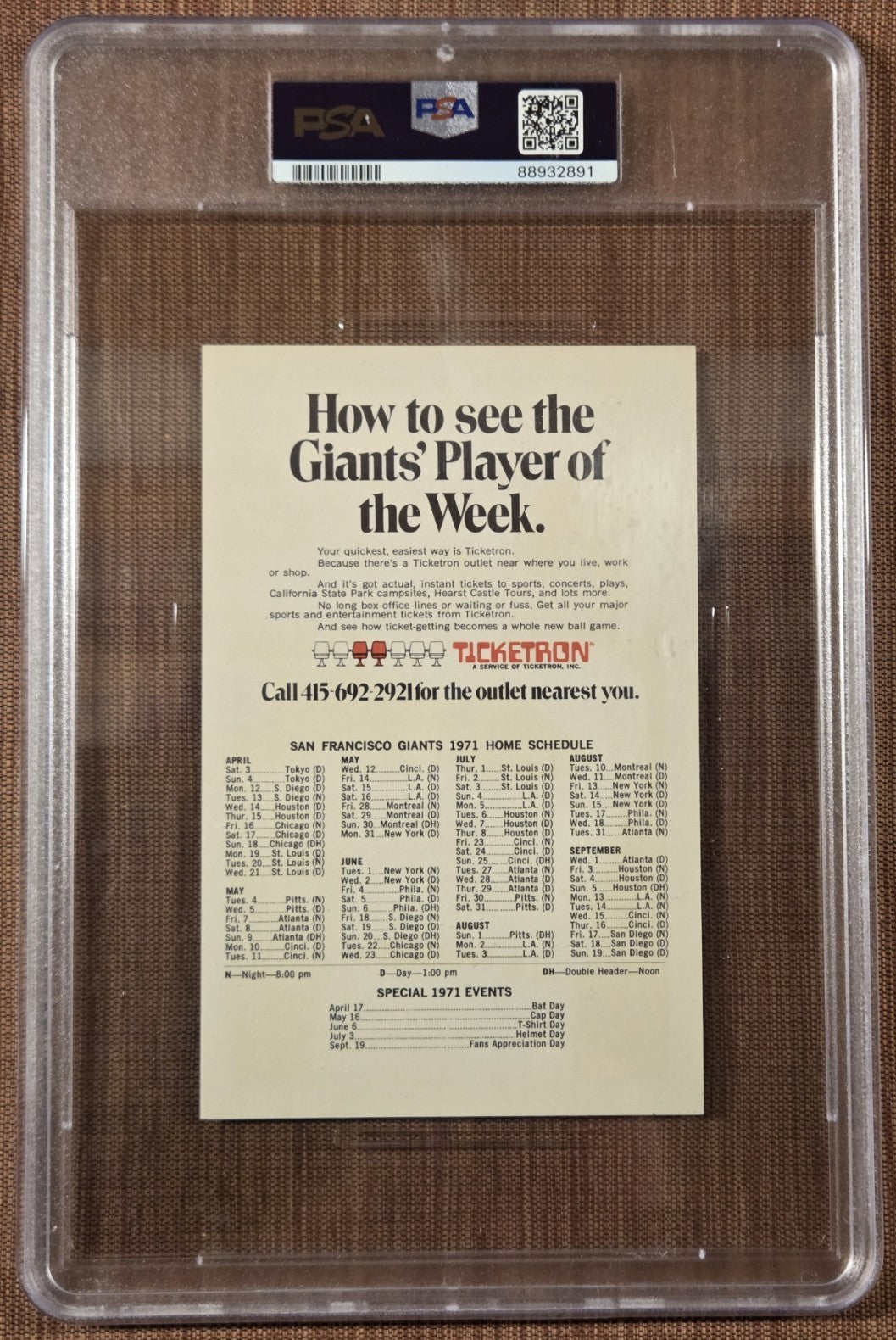 1971 Ticketron Willie Mays San Francisco Giants Original Baseball Card PSA 41