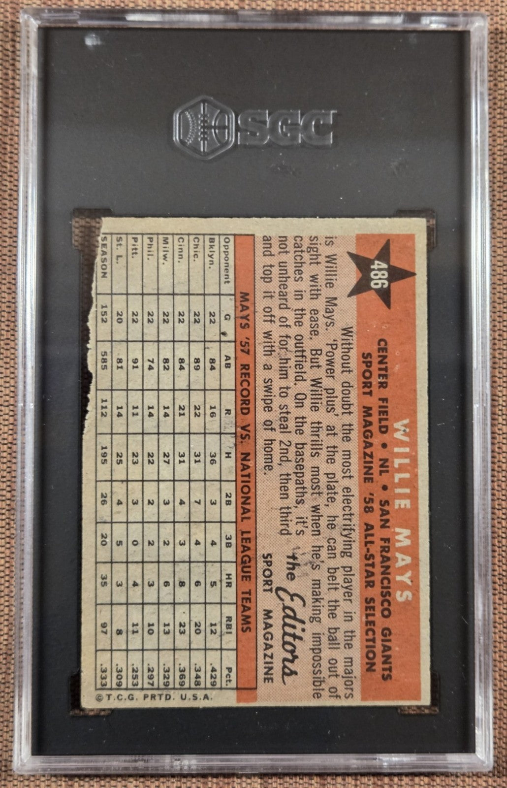 1958 Topps #486 Willie Mays San Francisco Giants Original Baseball Card SGC AUTH1