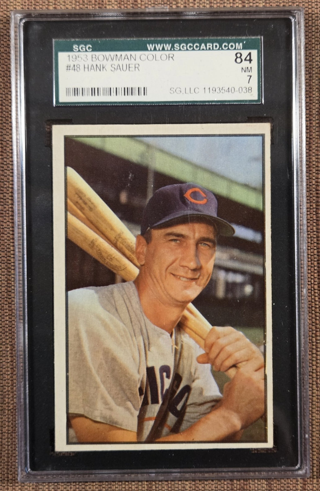 1953 Bowman #48 Hank Sauer Cincinnati Reds Cubs Giants Baseball Card SGC 7 NM0