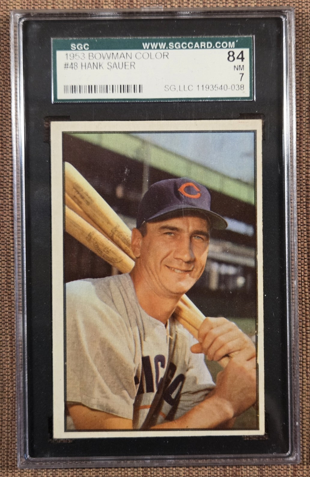 1953 Bowman #48 Hank Sauer Cincinnati Reds Cubs Giants Baseball Card SGC 7 NM0