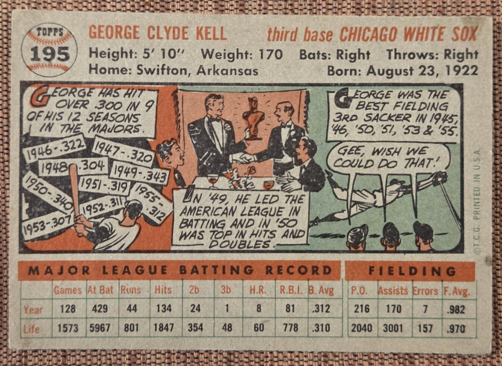 1956 Topps #195 George Kell Chicago White Sox Authentic Original Baseball Card5