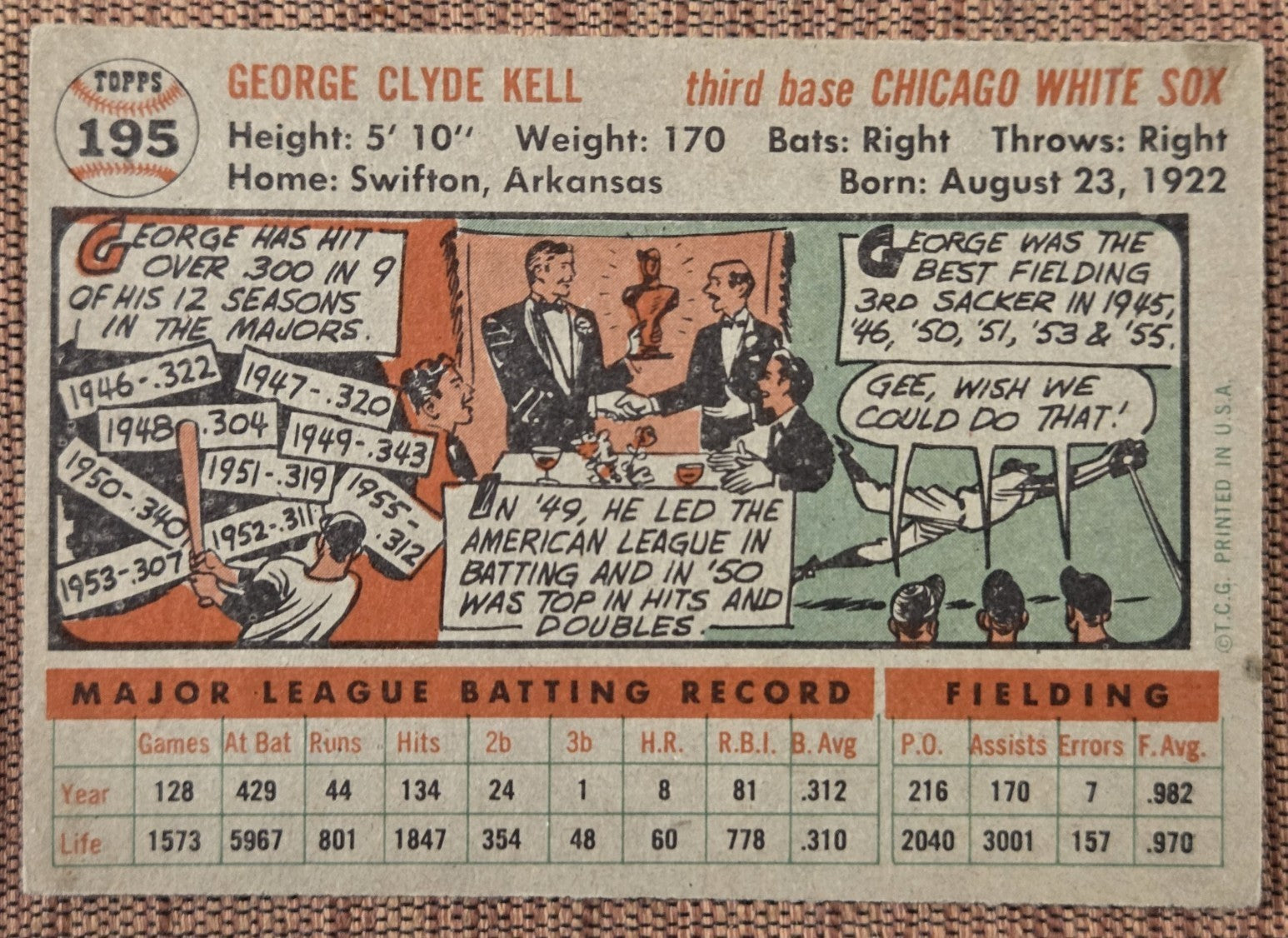 1956 Topps #195 George Kell Chicago White Sox Authentic Original Baseball Card5