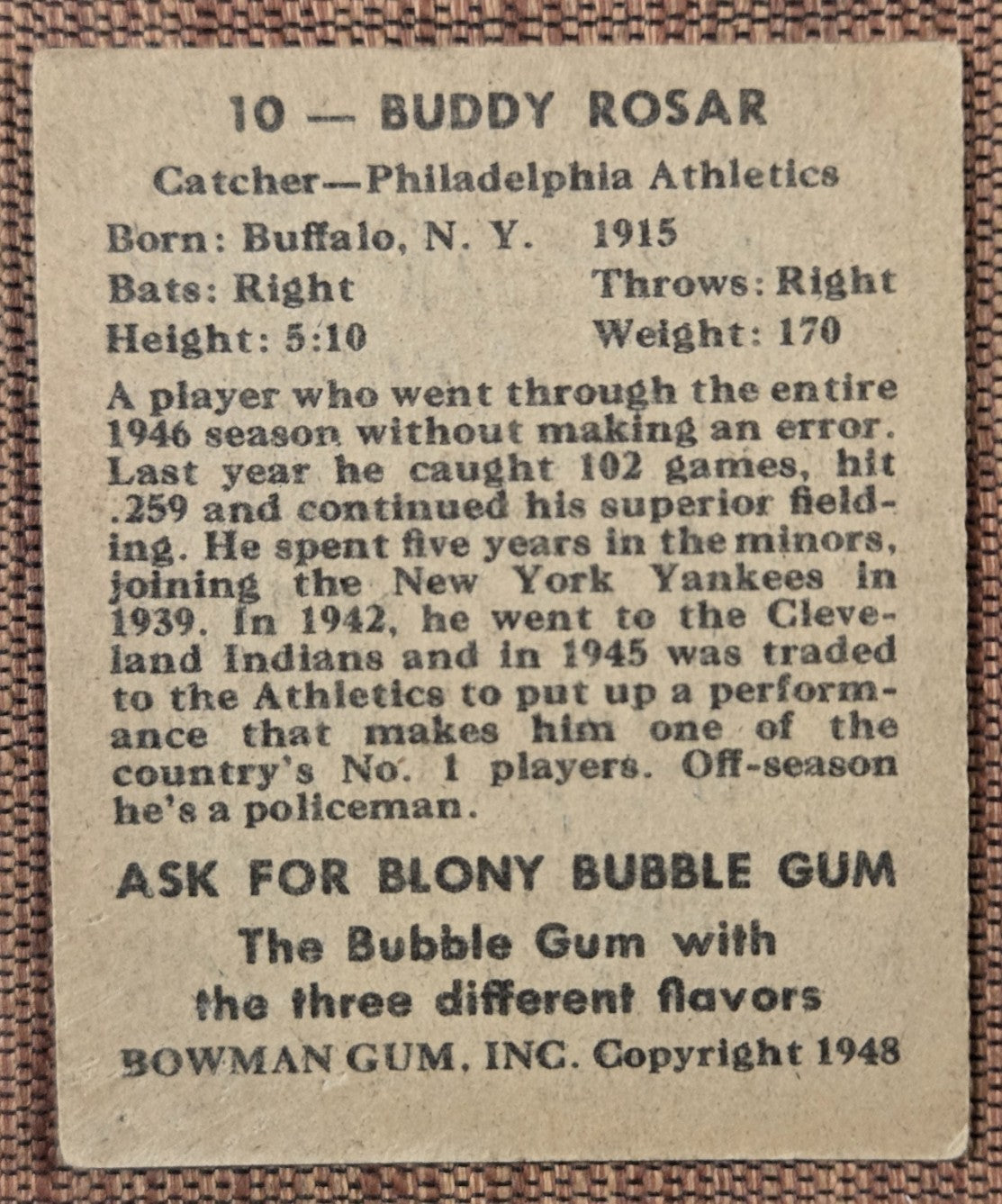 1948 Bowman #10 Buddy Rosar Philadelphia Athletics Rookie Baseball Card RC5