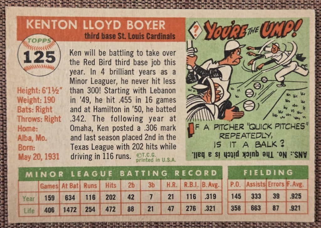 1955 Topps #125 Ken Boyer St. Louis Cardinals Original Rookie Baseball Card RC6