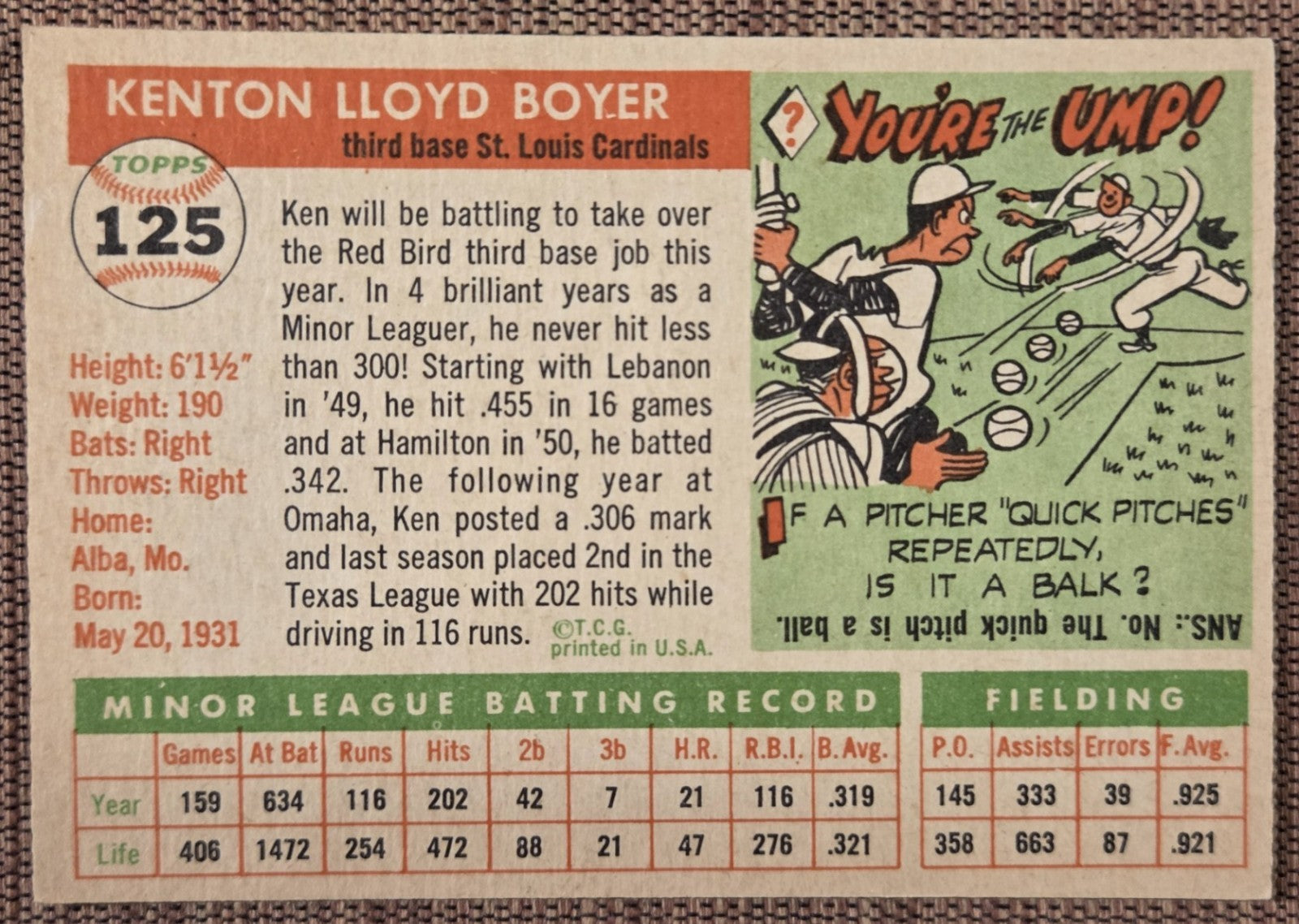 1955 Topps #125 Ken Boyer St. Louis Cardinals Original Rookie Baseball Card RC6