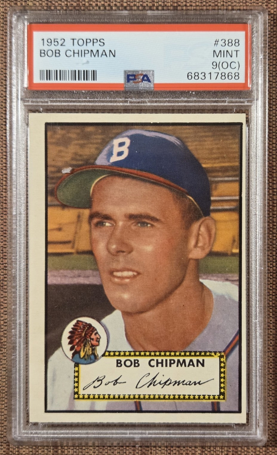1952 Topps #388 Bob Chipman Boston Braves Original Baseball Card PSA 9 OC0