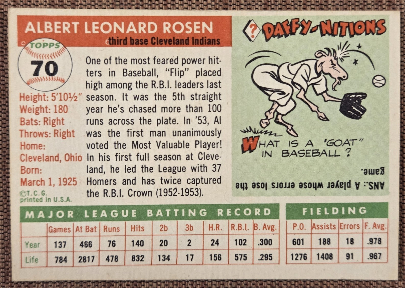 1955 Topps #70 Al Rosen Cleveland Indians Authentic Original Baseball Card6