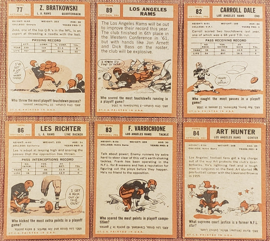 1962 Topps Rams Football Cards Richter Bratkowski & Team SPs Dale RC Varrichione5