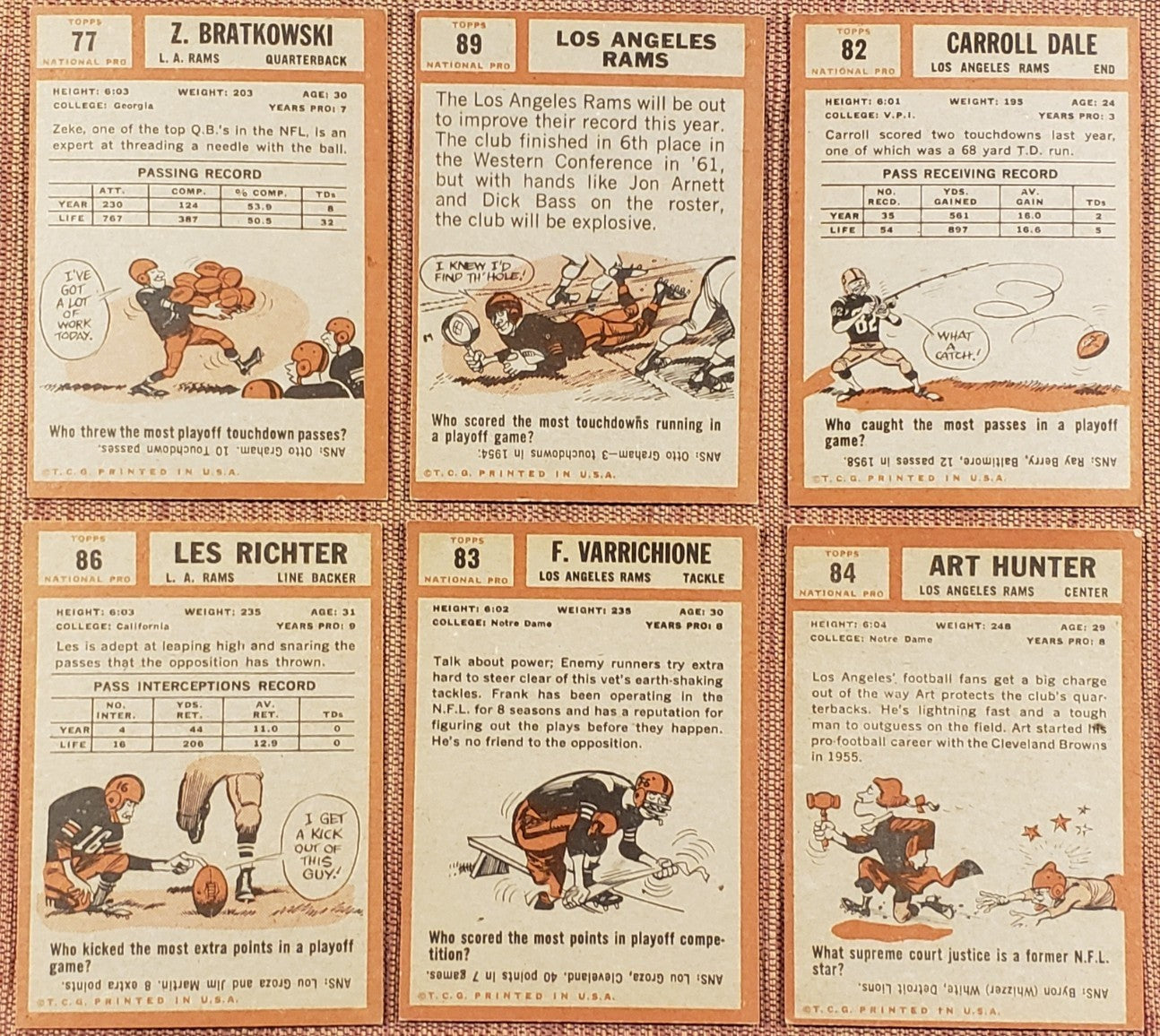1962 Topps Rams Football Cards Richter Bratkowski & Team SPs Dale RC Varrichione5