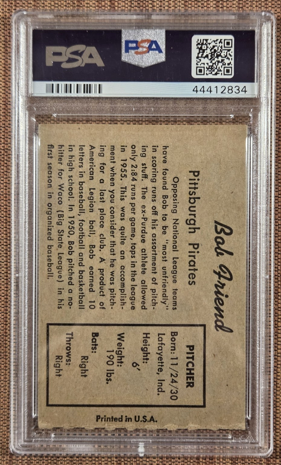 1958 Hires Root Beer Test Set No Tab Bob Friend Pirates Baseball Card PSA 5 EX1