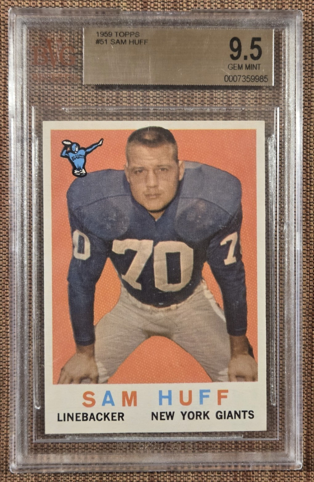 1959 Topps #51 Sam Huff New York Giants Rookie Football Card SGC 9.5 Gem Mint RC0