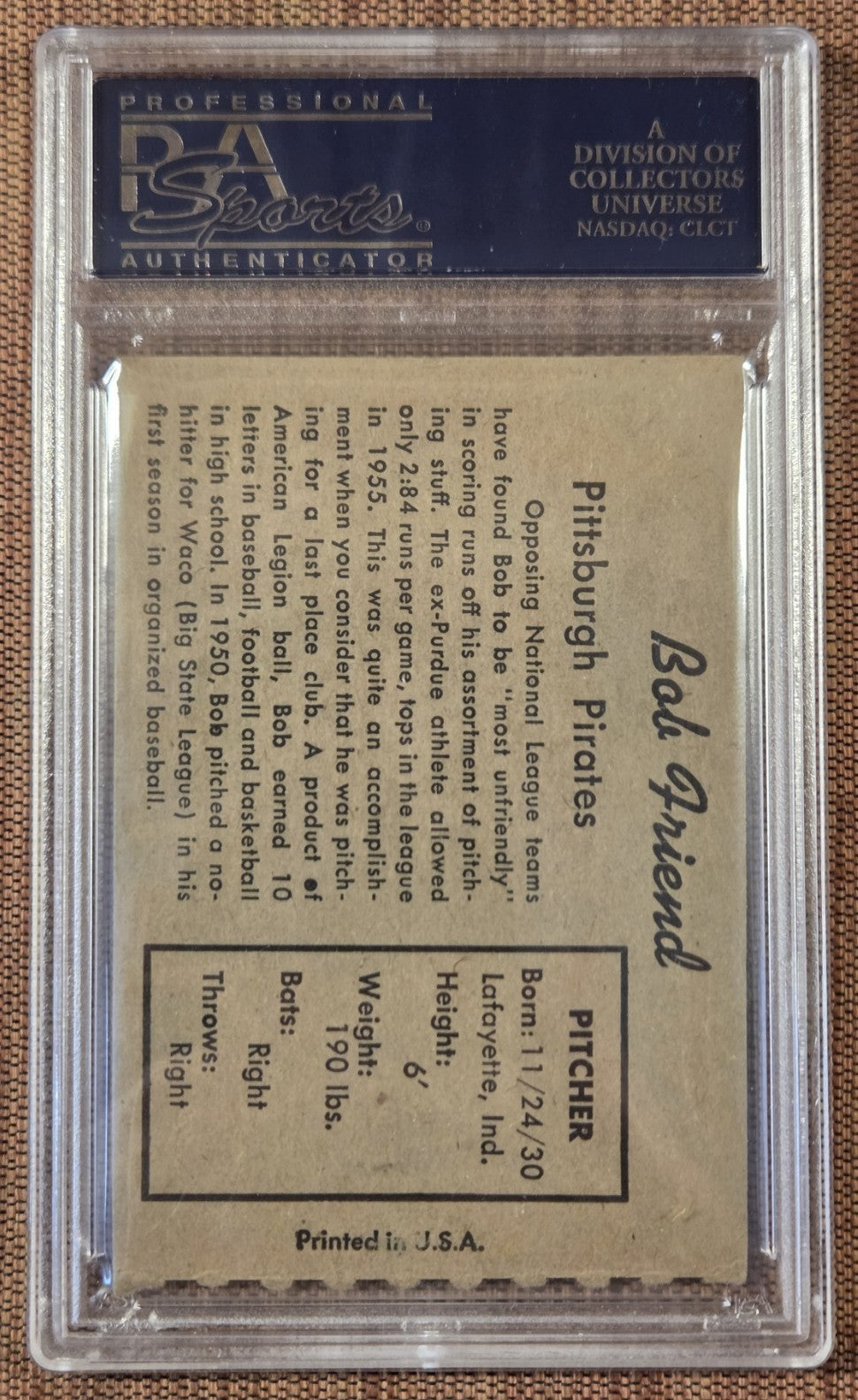 1958 Hires Root Beer Test Set No Tab Bob Friend Pirates Baseball Card PSA 5 MK1
