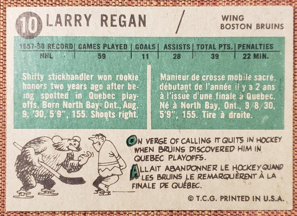 1958-59 Topps #10 Larry Regan Boston Bruins Authentic Original Hockey Card3