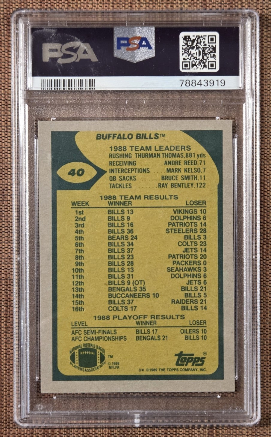 1989 Topps #40 Jim Kelly Buffalo Bills Original Football Card PSA 10 Gem Mint1