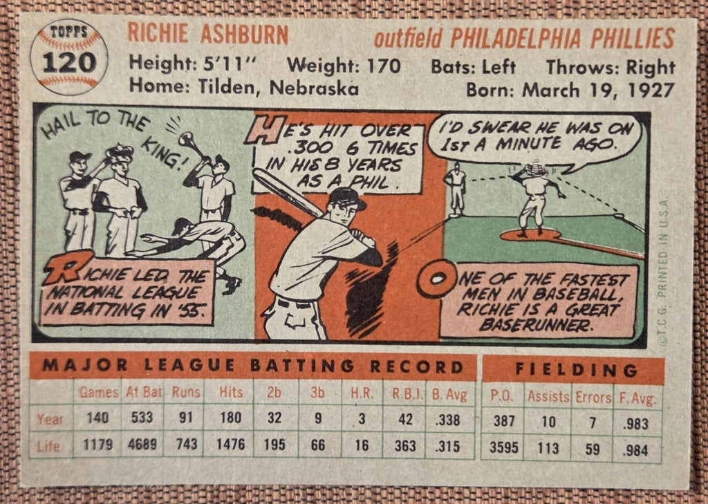 1956 Topps GB #120 Richie Ashburn Phialdelphia Phillies Original Baseball Card5