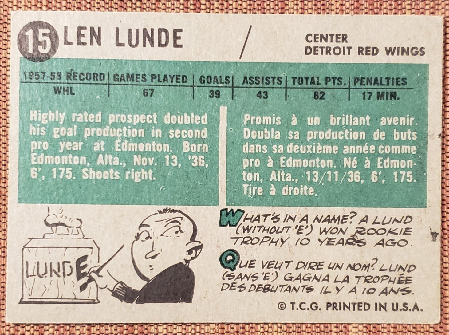 1958-59 Topps #15 Len Lunde Detroit Red Wings Authentic Rookie Hockey Card RC3